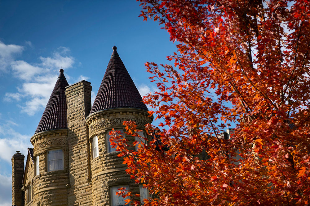 Brookside as seen through red leaves.