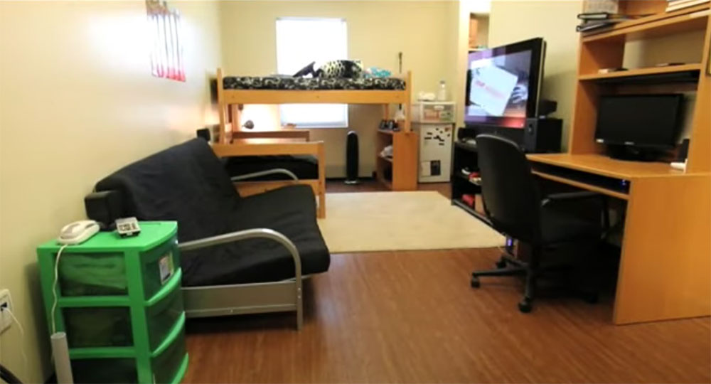 Decorated interior of a room in Clare Hall, complete with TV