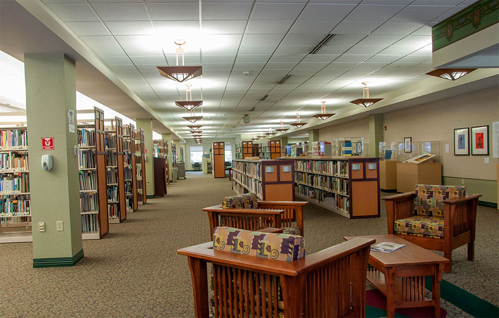 The Lee and Jim Vann Library spans two floors and offers views of Mirror Lake