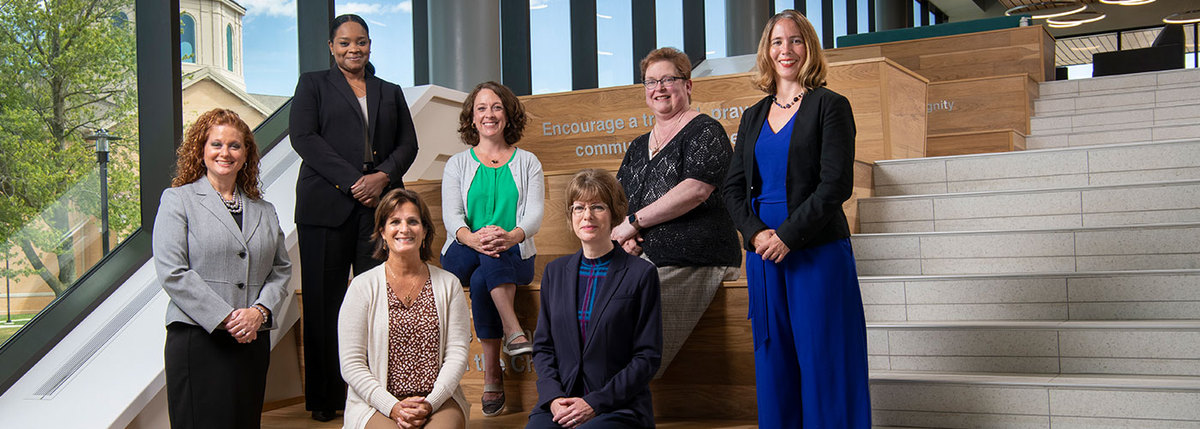 New university deans and division leaders: Angie Harrell, Eve-lynn Clarke, Mary Riepenhoff, Colleen Huddleson, Carolyn Yoder, Trish Bugajski, and Andrea Geyer